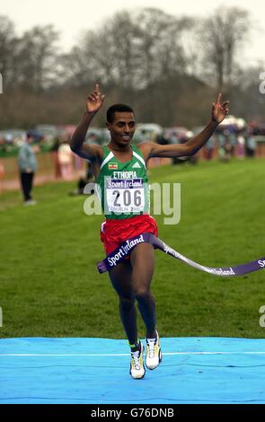 Kenenisa Bekele, âgée de 20 ans, d'Éthiopie, célèbre la victoire de la course de quatre kilomètres sur le court-circuit masculin au 30e championnat mondial de cross-country de l'IAAF à Dublin. Banque D'Images