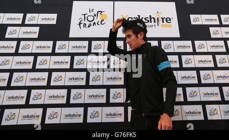 Geraint Thomas de Team Sky lors d'une conférence de presse à Leeds. Banque D'Images