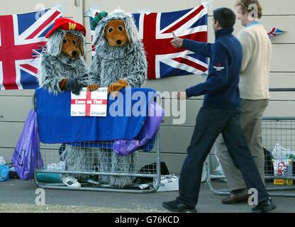 Une paire de Wombles se préparent à camper pour la nuit devant le club de tennis All England Lawn à Wimbledon, où des milliers de fans de tennis devraient encourager Tim Henman. *... Henman affronte le sud-africain Wayne Ferreira, qui n'a pas été épéré, sur la cour du Centre pour se disputer une place en quart de finale. Banque D'Images