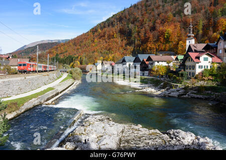 Rivière traun avec des maisons de marchands de sel et église paroissiale ' Maria Im Schatten", train, Lauffen, Autriche, Wien, un supérieur Banque D'Images