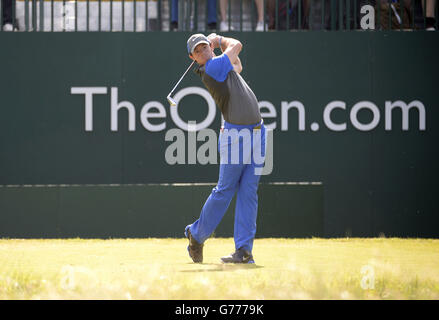 Rory McIlroy, d'Irlande du Nord, est le premier au cours de la première journée du Championnat d'Open 2014 au Royal Liverpool Golf Club, Hoylake. Banque D'Images