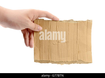Hand holding empty morceau de carton isolated on white Banque D'Images