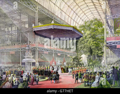 Grande Exposition 1851. L'état de l'ouverture de l'Exposition Universelle de 1851 par la reine Victoria et le Prince Albert, Crystal Palace, Londres, Royaume-Uni. Banque D'Images