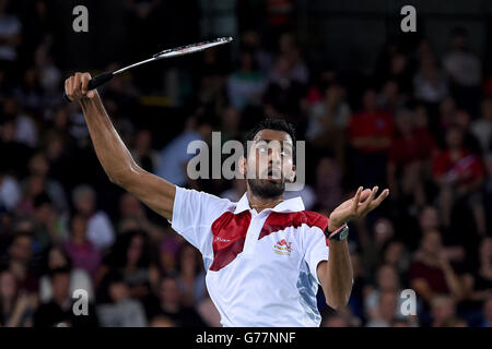 Le Rajiv Ouseph d'Angleterre lors de son match de demi-finale contre le Kashyap Parupalli de l'Inde à l'Emirates Arena, pendant les Jeux du Commonwealth de 2014 à Glasgow. Banque D'Images