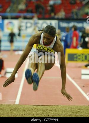 Ashia Hansen, en Grande-Bretagne, est en compétition pour le triple saut lors du 9e championnat mondial en salle de l'IAAF à la National Indoor Arena, Birmingham. Banque D'Images