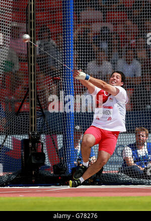 Sport - Jeux du Commonwealth 2014 - cinquième jour.Amir Williamson, en Angleterre, pendant la qualification pour le Hammer Throw à Hampden Park, lors des Jeux du Commonwealth de 2014 à Glasgow. Banque D'Images