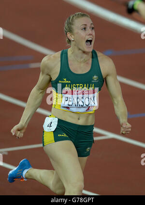 Sport - Jeux du Commonwealth 2014 - neuvième jour.Sally Pearson, en Australie, célèbre la victoire de la finale de 100 m haies Banque D'Images