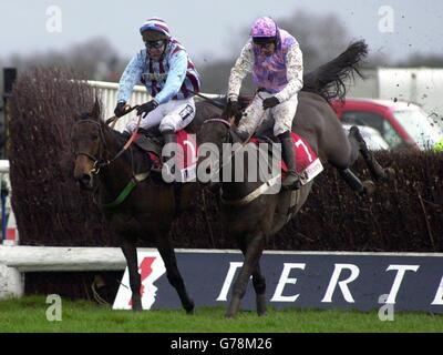 Tony McCoy sur Best Mate (L) et Marlborough, monté par Tim Murphy à la dernière clôture de la course principale à Kempton, le Pertemps King George VI Chase. McCoy a gagné la course pour enregistrer son 201e gagnant pour la saison. Banque D'Images