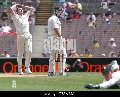 POUR AUCUNE UTILISATION COMMERCIALE : Stephen Harmison en Angleterre montre de la frustration alors que le capitaine australien Steve Waugh s'en va devant le gardien de cricket James Foster, au cours de la cinquième journée du 4e Test au Melbourne Cricket Ground, Melbourne, Australie. Banque D'Images