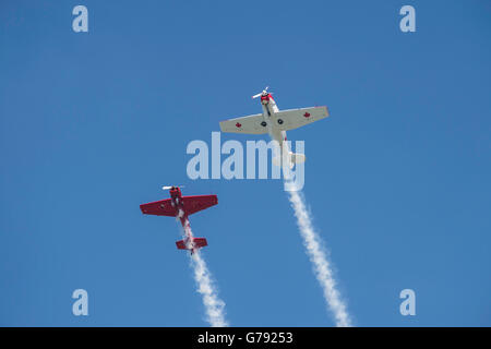 Yak 18T (blanc) et le Yak-55M (rouge), Les Ailes de Springbank, Springbank, Alberta, Canada Banque D'Images