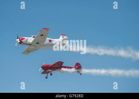 Yak 18T (blanc) et le Yak-55M (rouge), Les Ailes de Springbank, Springbank, Alberta, Canada Banque D'Images