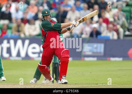 Heath Streak au Zimbabwe atteint une balle du Bowler sud-africain Paul Adams pendant 4 courses lors du 6e match de la série NatWest à Sophia Gardens, Cardiff. Banque D'Images