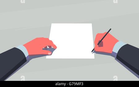 Homme tenant un stylo et se trouve en face d'une feuille de papier vierge. Point de vue point de vue subjectif. Décision de principe. Style Vintage Illustration de Vecteur