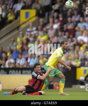 Lewis Grabban (à droite) de Norwich City est défié par Tommy Elphick (à gauche) de l'AFC Bournemouth lors du match de championnat Sky Bet à Carrow Road, Norwich. Banque D'Images