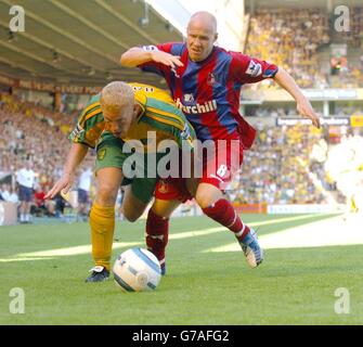 Gary Holt (à gauche), de Norwich City, prend une tête-à-tête aux côtés de Andrew Johnson, le marqueur de but de Crystal Palace, lors de leur match Barclays Premiership à Carrow Road, Norwich, le samedi 14 août 2004. Banque D'Images