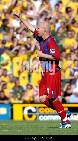 Andrew Johnson, du Crystal Palace, célèbre son égaliseur lors de son match Barclays Premiership contre Norwich City à Carrow Road, Norwich, le samedi 14 août 2004. Banque D'Images