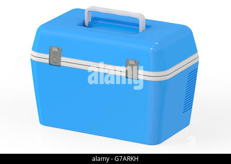 Refroidisseur portable bleu, rendu 3D isolé sur fond blanc Banque D'Images
