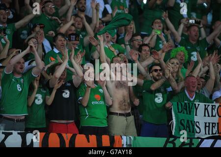 Football - UEFA Euro 2016 - qualification - Groupe D - Géorgie / République d'Irlande - Boris Paichadze Dinamo Arena.Les fans de la République d'Irlande célèbrent la victoire de l'Away lors du match de qualification de l'UEFA Euro 2016 du Groupe D à la Boris Paichadze Dinamo Arena, Tbilissi. Banque D'Images