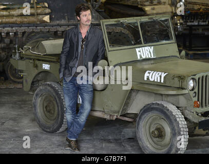 Brad Pitt lors d'un photocall pour la fureur de film de la Seconde Guerre mondiale au Tank Museum à Bovington, Dorset. Banque D'Images