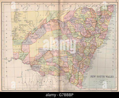 Nouvelle Galles du Sud. Carte de l'État. Les comtés et districts montre/chemins de fer. L'Australie 1878 Banque D'Images