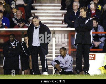 Dave Jones (à gauche), directeur de Wolverhampton Wanderers, se tient avec l'entraîneur Stuart Gray (à droite) qui montre leur déjection lors du match de championnat Coca-Cola contre la forêt de Nottingham au sol de la ville. PAS D'UTILISATION DU SITE WEB DU CLUB OFFICIEUX. Banque D'Images