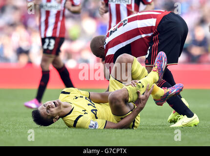 Erik Lamela de Tottenham Hotspur est blessé lors du match de la Barclays Premier League au stade de Light, Sunderland. APPUYEZ SUR ASSOCIATION photo. Date de la photo: Samedi 13 septembre 2014. Voir PA Story FOOTBALL Sunderland. Le crédit photo devrait se lire: Owen Humphreys/PA Wire. Banque D'Images