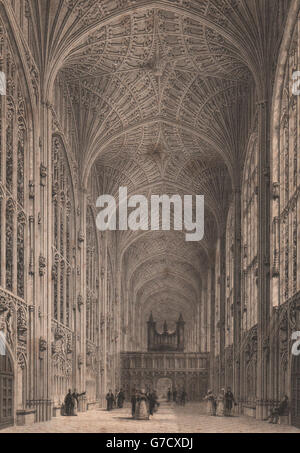 L'intérieur de KING'S COLLEGE, Cambridge. LE KEUX, antique print 1841 Banque D'Images