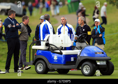 Le capitaine de l'Europe Paul McGinley lors d'une séance d'entraînement au parcours de golf Gleneagles, dans le Perthshire. Banque D'Images