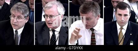 De gauche à droite, M. Michael Geoghegan CBE, Directeur général de HSBC Bank ; M. John Varley, Directeur général de Barclays Bank ; Sir Fred Goodwin, Directeur général du Groupe, Royal Bank of Scotland Group, et M. Shane Flynn, Directeur général, MBNA Europe Bank, ont témoigné devant le Comité de sélection du Trésor de la Chambre des communes, qui enquête sur la facturation et le marketing des cartes de crédit. Banque D'Images