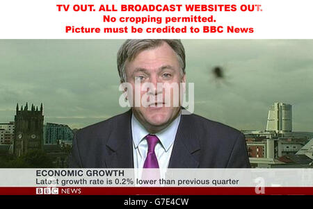 SORTIE TV. TOUS LES SITES WEB DIFFUSÉS. Aucun recadrage n'est autorisé. L'image doit être créditée à BBC News. Nous sommes informés que les vidéograbs ne doivent pas être utilisés plus de 48 heures après la transmission originale, sans le consentement du détenteur des droits d'auteur. Capture vidéo prise de BBC News d'une araignée "photombing" une interview avec Shadow Chanceler Ed Balls. Banque D'Images