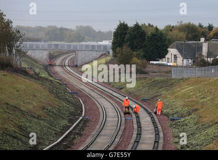 De nouvelles voies ferrées sont installées à la gare de Shawfair, car Network Rail est entré dans la phase principale de la voie qui se trouve sur la nouvelle route frontalière. Banque D'Images