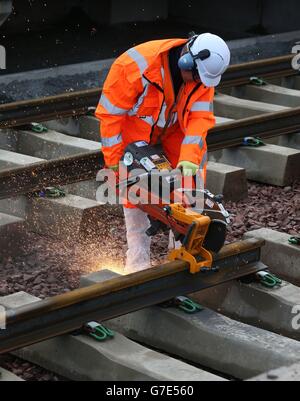 De nouvelles voies ferrées sont installées à la gare de Shawfair, car Network Rail est entré dans la phase principale de la voie qui se trouve sur la nouvelle route frontalière. Banque D'Images