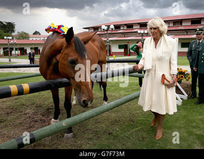 La duchesse de Cornouailles rencontre des chevaux alors qu'elle visite Escuela de Caballeria del Ejercito (Académie militaire) à Bogota, en Colombie dans le cadre de sa tournée dans le pays sud-américain. Banque D'Images