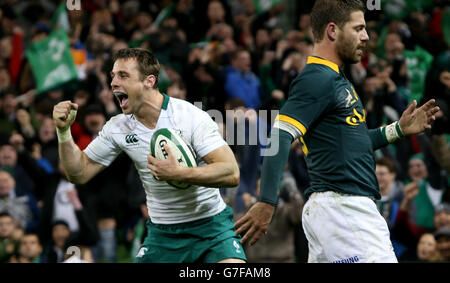 Rugby Union - Guinness Series 2014 - Irlande / Afrique du Sud - Aviva Stadium.Tommy Bowe, de l'Irlande, célèbre son essai lors du match de la Guinness Series au stade Aviva, à Dublin, en Irlande. Banque D'Images