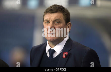 Tommy Wright, le gérant de St Johnstone, lors du match de finale de la coupe du quartier de la Ligue écossaise au stade Ibrox, à Glasgow. Banque D'Images