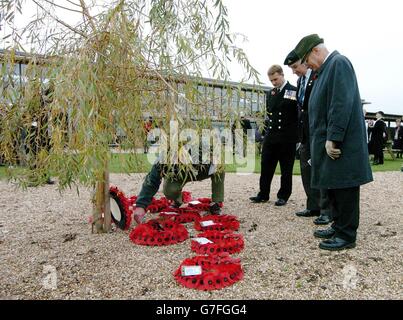 Les vétérans ont déposé des couronnes près du saule pleurant dans le jardin du cloître de l'Arboretum du Mémorial national, près de Tamworth, pendant leur service de mémoire. Banque D'Images