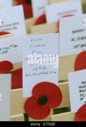 Une étiquette écrite à la main sur une croix pour le soldat de Black Watch, tué en Irak il y a trois jours, est plantée au champ du souvenir dans les jardins de l'abbaye de Westminster à Londres, lors d'un service pour marquer le jour de l'armistice.Des centaines de petites croix en bois, plantées dans les jardins de l'abbaye et ornées d'un coquelicot rouge, portent le nom d'un être cher tombé et un message de commémoration. Banque D'Images