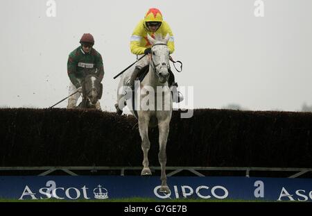 Al Ferof (à droite), monté par Ruby Walsh, saute la clôture finale devant Somersby (à gauche), monté par Andrew Thornton, et gagne ensuite le Chase Amlin 1965 à l'hippodrome d'Ascot, dans le Berkshire. Date de la photo: Samedi 22 novembre 2014. Banque D'Images