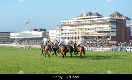 Courses hippiques - le festival de Hennessy bet365 - troisième jour - Hippodrome de Newbury.Une vue générale de la tribune de l'hippodrome de Newbury pendant que les coureurs et les cavaliers se rendent sur le parcours Banque D'Images