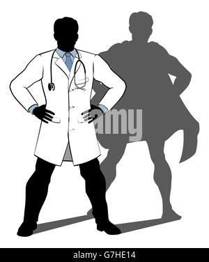 Un docteur super héros conceptuel silhouette illustration d'un médecin debout avec ses mains sur ses hanches avec une ombre révélant h Banque D'Images