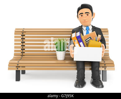 Les gens d'affaires 3d illustration. Businessman tiré assis sur un banc avec ses affaires. Isolé sur fond blanc. Banque D'Images