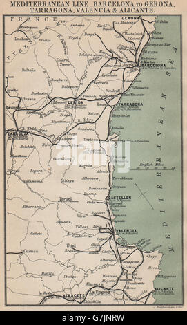 Espagne CÔTE MÉDITERRANÉENNE.Costa Blanca del Azahar Dorada Brava.Chemins carte 1899 Banque D'Images