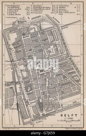 Ville antique de DELFT city stadsplan. Pays-bas kaart. Ancienne carte BAEDEKER, 1897 Banque D'Images