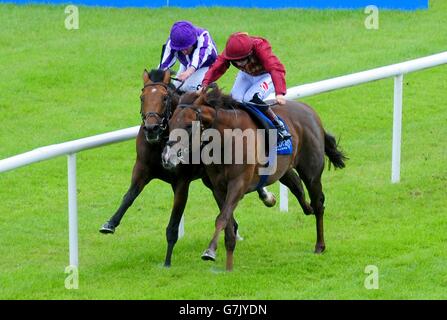 Sir Isaac Newton monté par Ryan Moore (à gauche) remporte les enjeux internationaux Volvo au cours de la troisième journée du Dubai Duty Free Derby irlandais Festival au Curragh Hippodrome, France. Banque D'Images