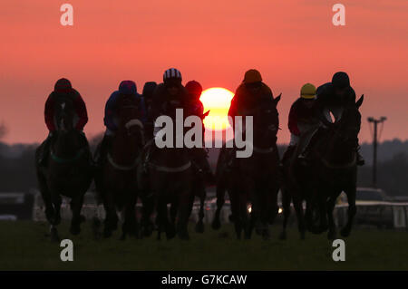 Courses hippiques - Hippodrome de Warwick.Les coureurs font leur chemin dans la course plate TurfTV Intermediate Open National Hunt à l'hippodrome de Warwick. Banque D'Images