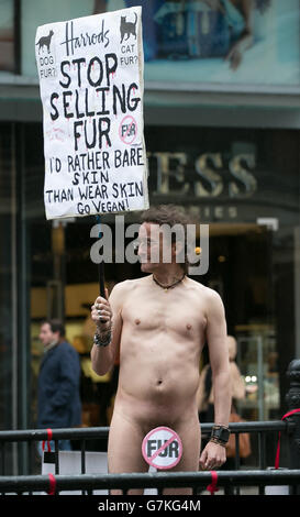 Un manifestant contre la fourrure à l'extérieur de Harrods, Londres, lors d'une manifestation contre l'utilisation de la fourrure commerciale et la cruauté envers les animaux. Banque D'Images