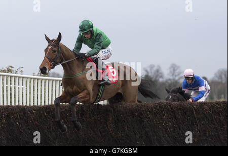 Gitane du Berlais, criée par Daryl Jacob sur le chemin de la victoire dans la course Steeple Chase de Betfred TV Scilly Isles novices, qui a lieu pendant la journée des maîtres de Betfred à l'hippodrome de Sandown Park, Surrey. Banque D'Images