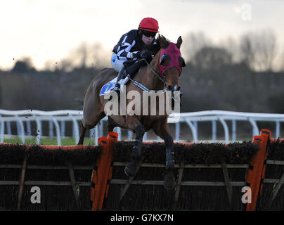 Courses hippiques - Hippodrome de Leicester.Lord Navits, criblé de Jake Hodson, se remet du dernier obstacle avant de remporter l'obstacle revendiqué par les novices de Burton Lazars à l'hippodrome de Leicester. Banque D'Images