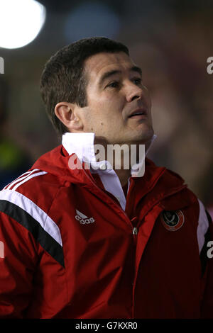 Nigel Clough, directeur de Sheffield United, lors de la demi-finale Capital One Cup, second Leg à Bramall Lane, Sheffield. APPUYEZ SUR ASSOCIATION photo. Date de la photo: Mercredi 28 janvier 2015. Voir PA Story FOOTBALL Sheff Utd. Le crédit photo devrait se lire comme suit : Mike Egerton/PA Wire. Ne pas utiliser avec les fichiers audio, vidéo, données, présentoirs ou club/ligue non officiels Banque D'Images