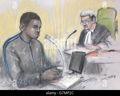 Croquis de l'artiste de la Cour par Elizabeth Cook de Brusthom Ziamani, 19 ans, qui comparaît au Old Bailey, où est accusé d'être inspiré par le meurtre de Fusilier Lee Rigby pour faire éclore son propre complot pour décaper un soldat. Banque D'Images